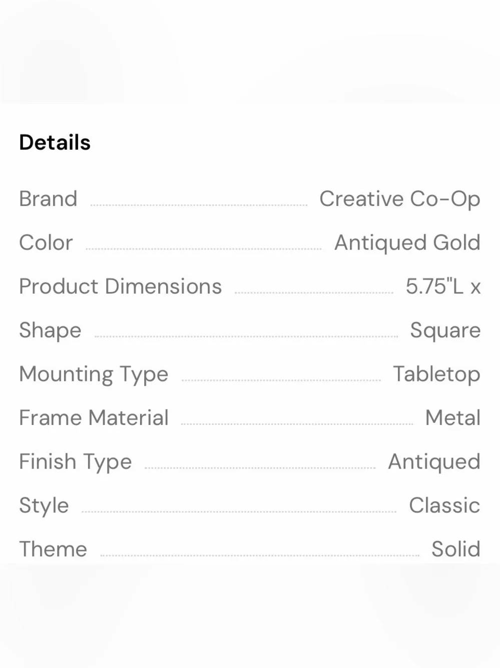 CREATIVE CO-OP NWT Antiqued Gold Square Picture Frame (Holds 3.5